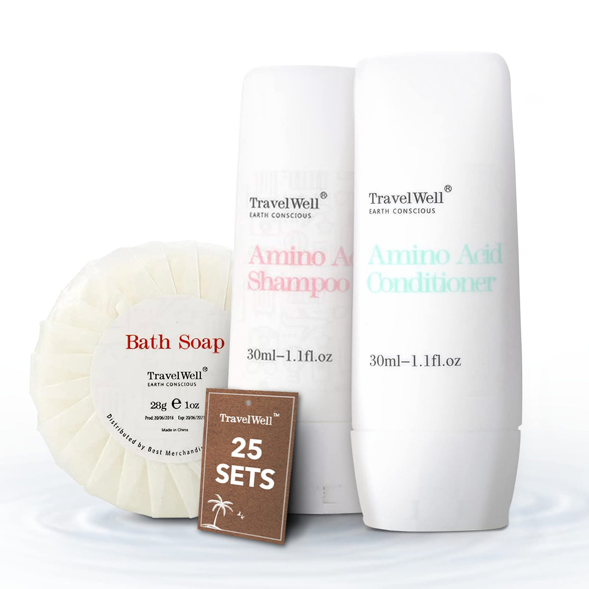 Travel Well mini shampoo bottle with amino acid formula for refreshed hair during travel