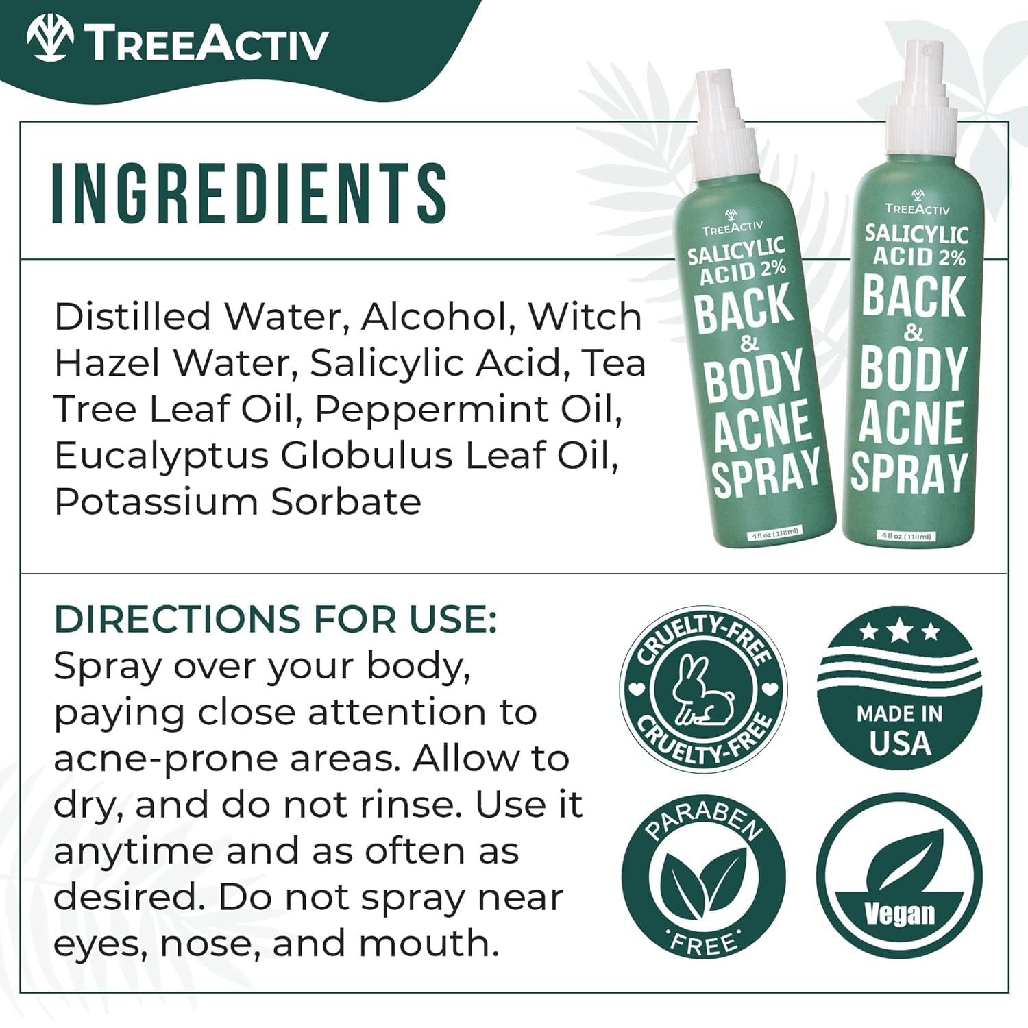 TreeActiv tea tree oil detail highlights calming scent and cleansing properties.