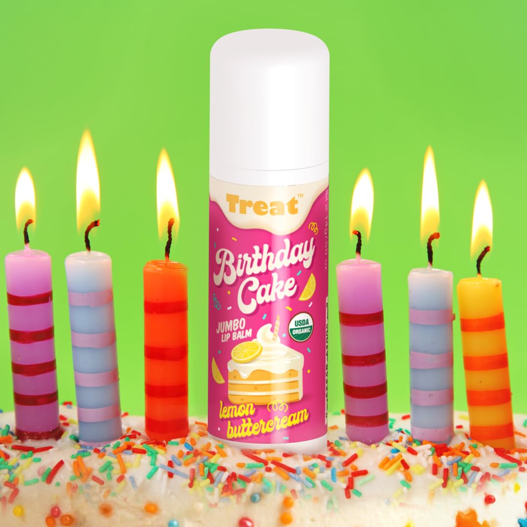 Treat Jumbo Lemon Buttercream lip balm held in hand showing creamy texture.