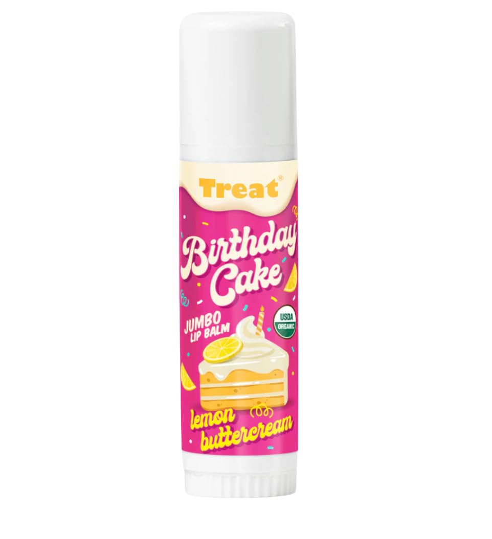 Treat Jumbo Lemon Buttercream lip balm label closeup showing organic ingredients.