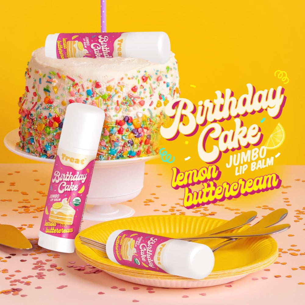Treat Jumbo Lemon Buttercream lip balm packaging back with product details.