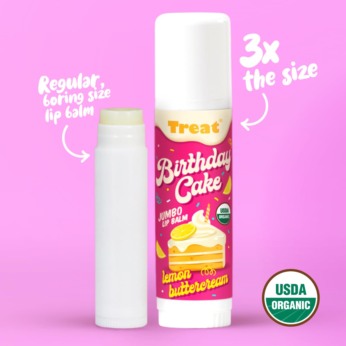 Treat Jumbo Lemon Buttercream lip balm front tube for easy grabbing.