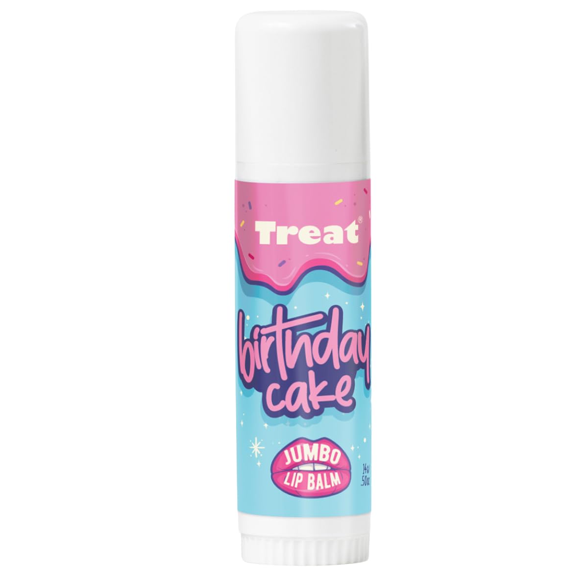Treat Jumbo Lip Balm Birthday Cake tube provides rich daily hydration.