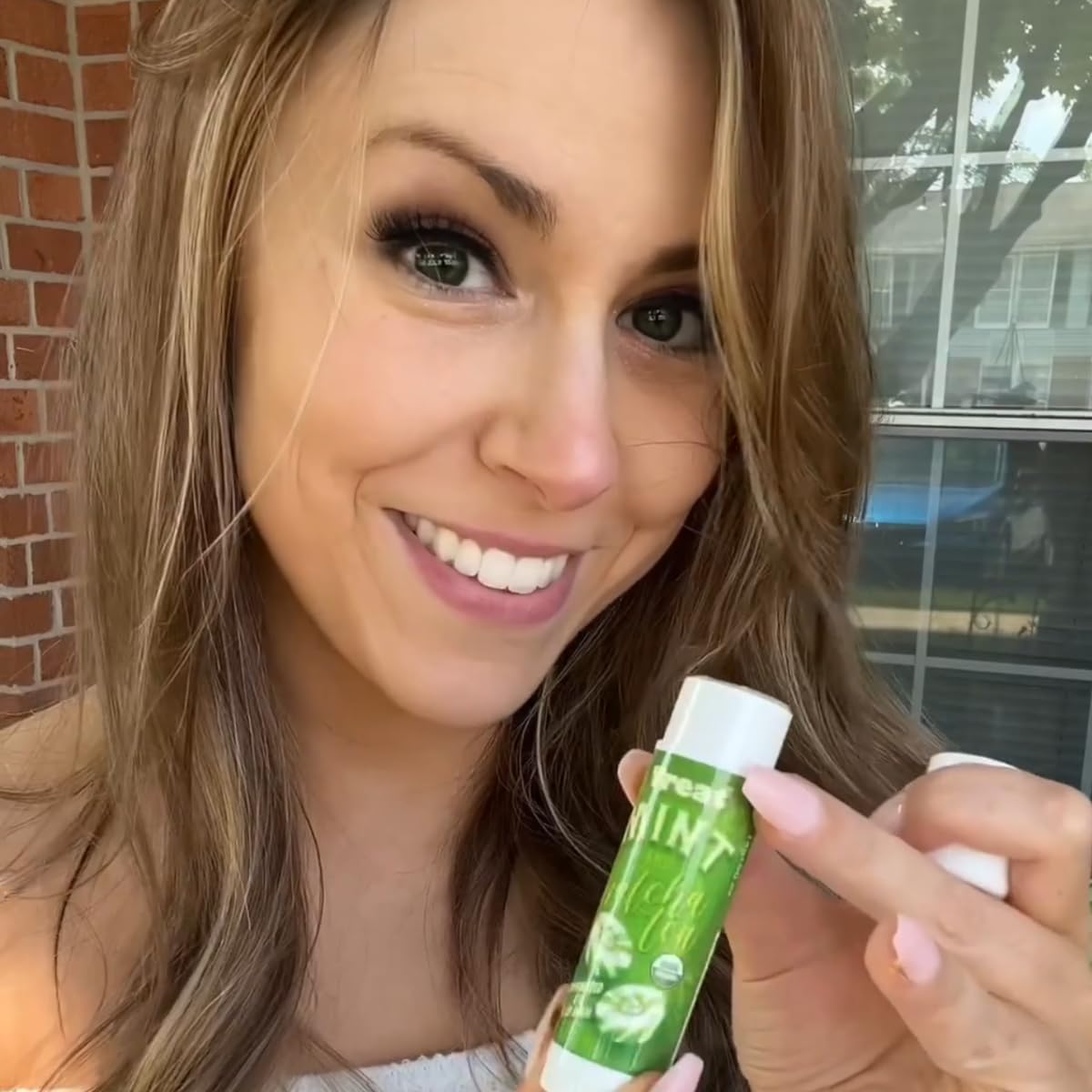 Treat Jumbo Organic Lip Balm earthy-matcha swirl highlights natural ingredients.