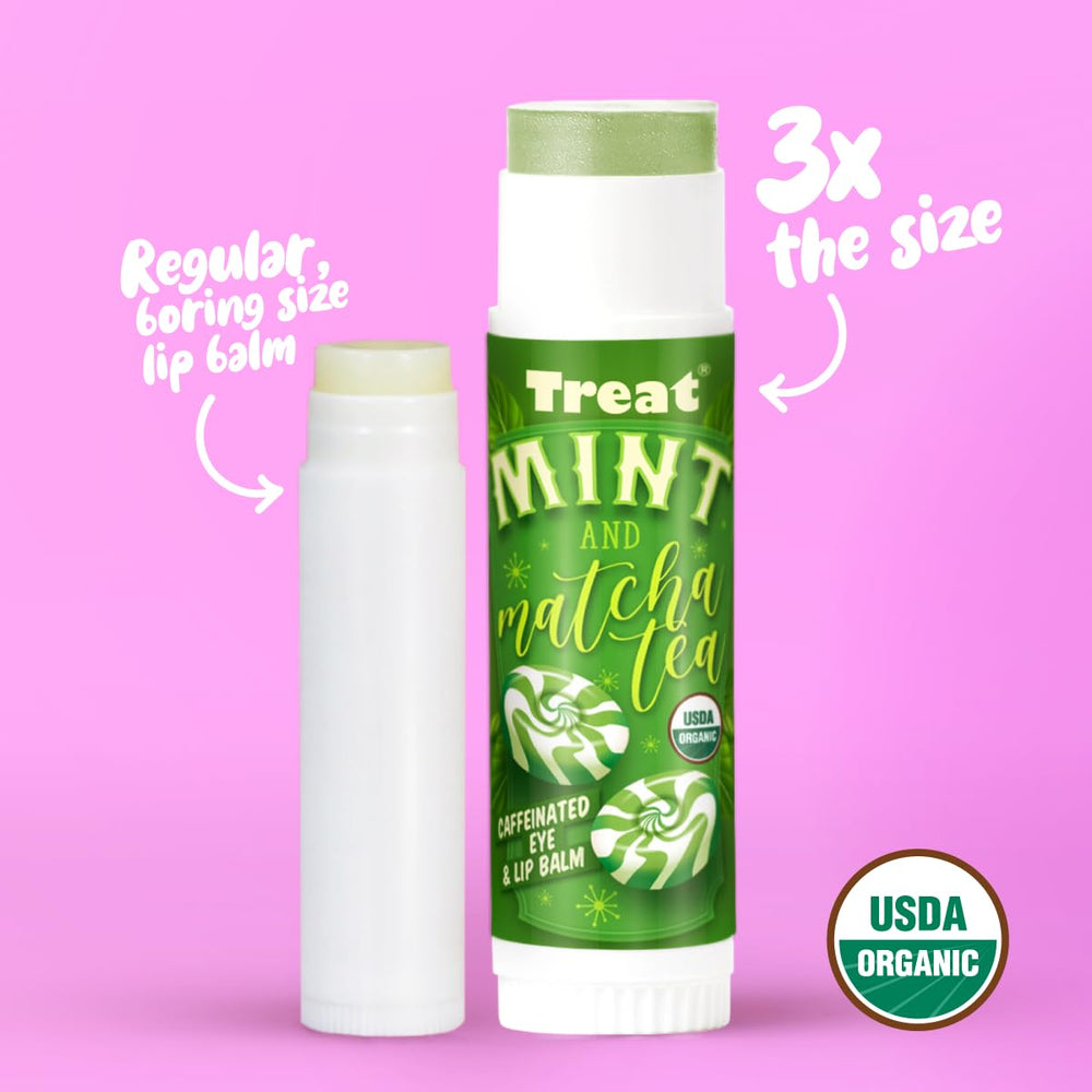 Treat Jumbo Organic Lip Balm Matcha Tea stick closeup offers caffeinated sensation.