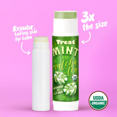 Treat Jumbo Organic Lip Balm Matcha Tea stick closeup offers caffeinated sensation.