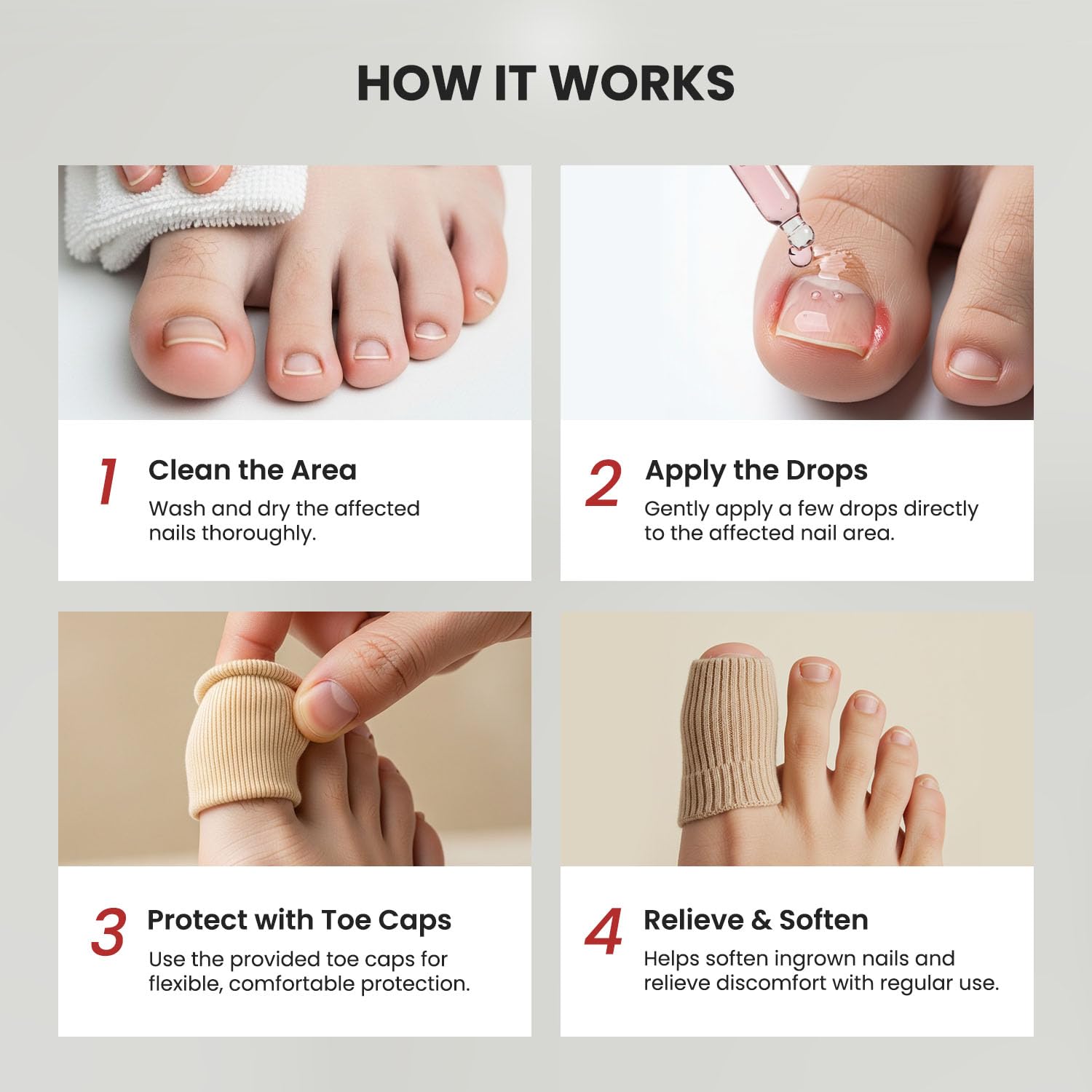 Clear kit view showing drops, applicator, and silicone toe caps.