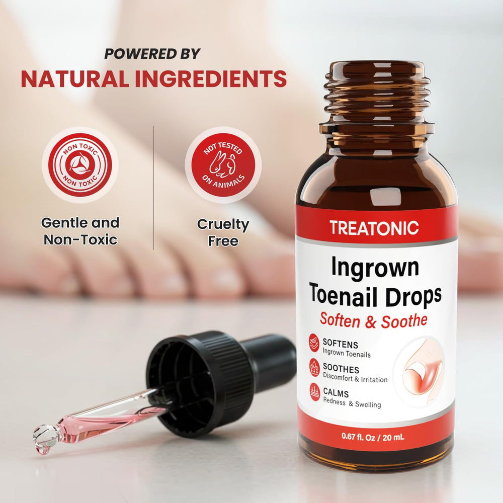 Treatonic applicator and drops in use smoothing the nail groove for gentle removal.