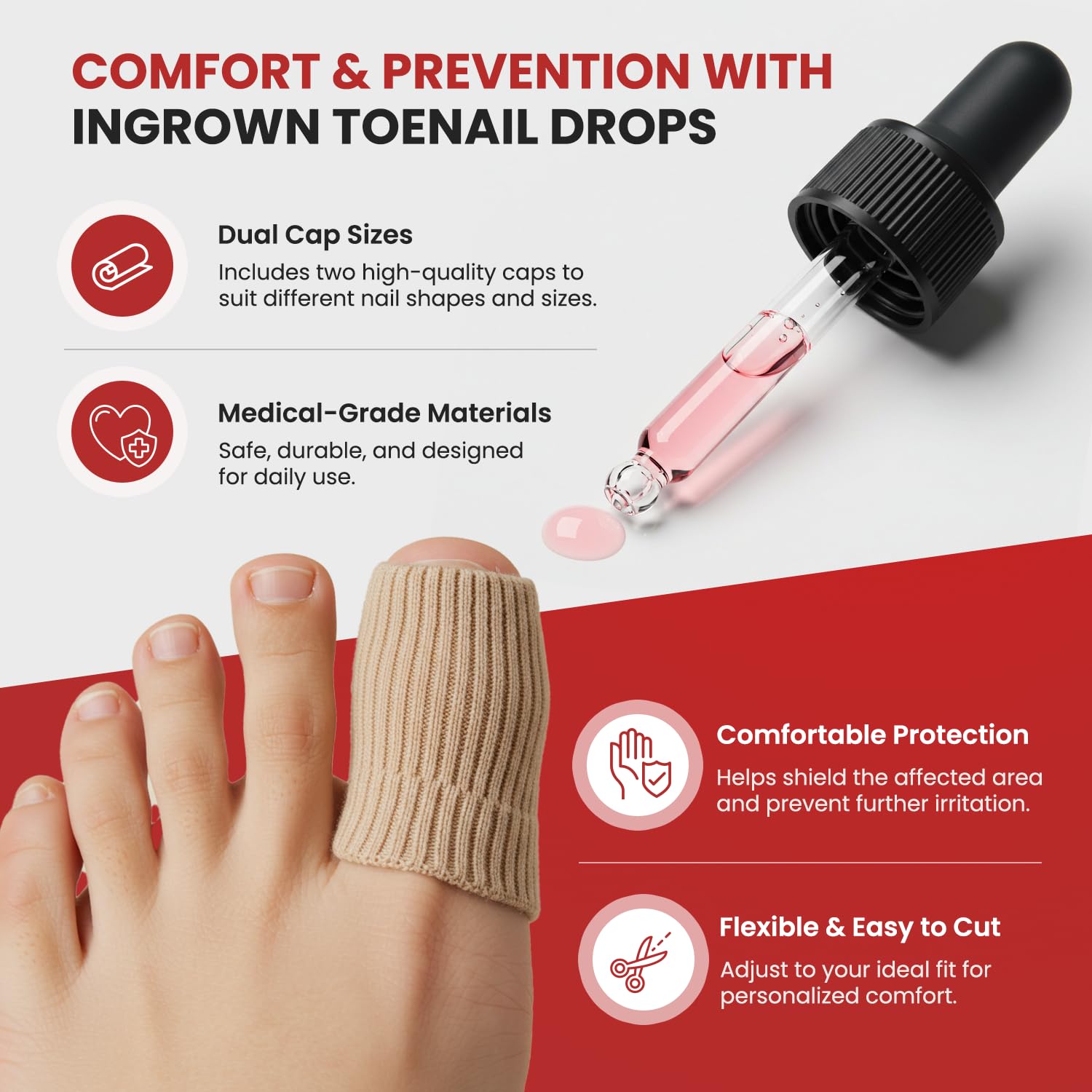 Treatonic silicone gel toe caps protecting the toe during healing and daily activities.