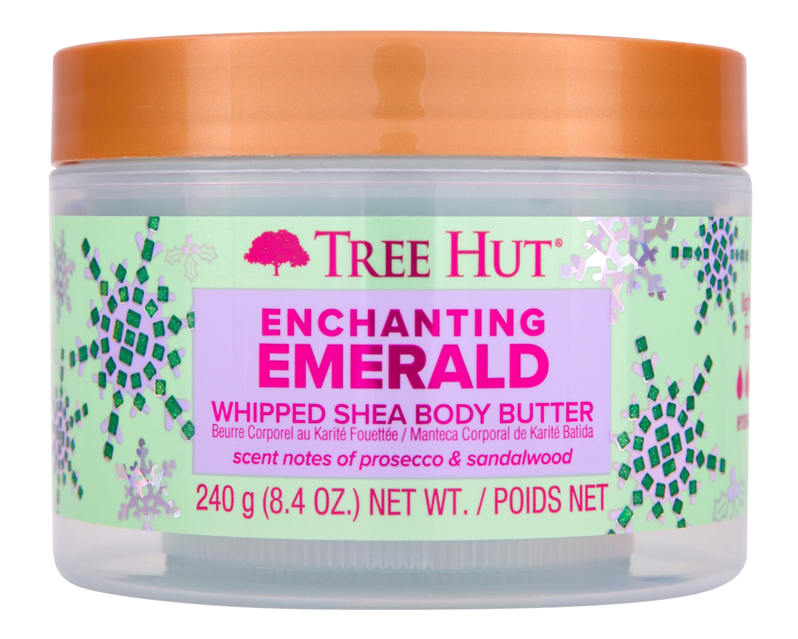 Tree Hut Enchanting Emerald whipped shea butter bottle highlights hydrating formula for daily softness.