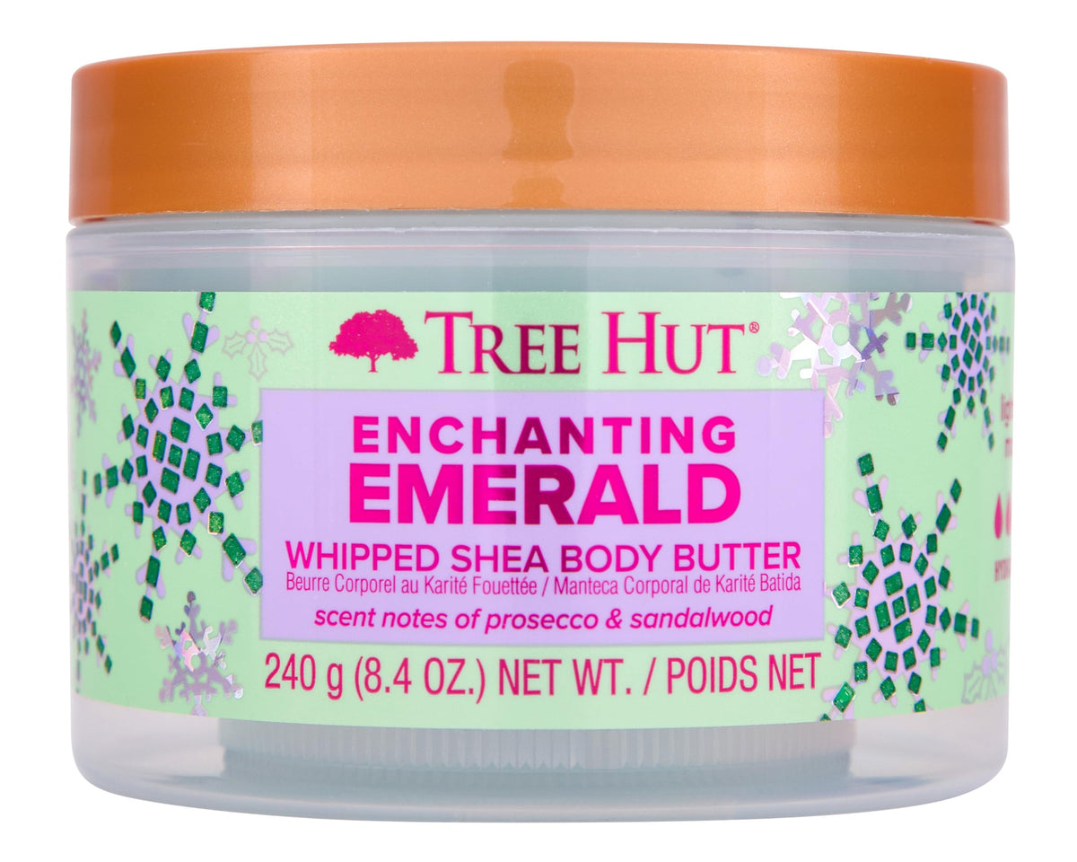 Tree Hut Enchanting Emerald whipped shea butter bottle highlights hydrating formula for daily softness.