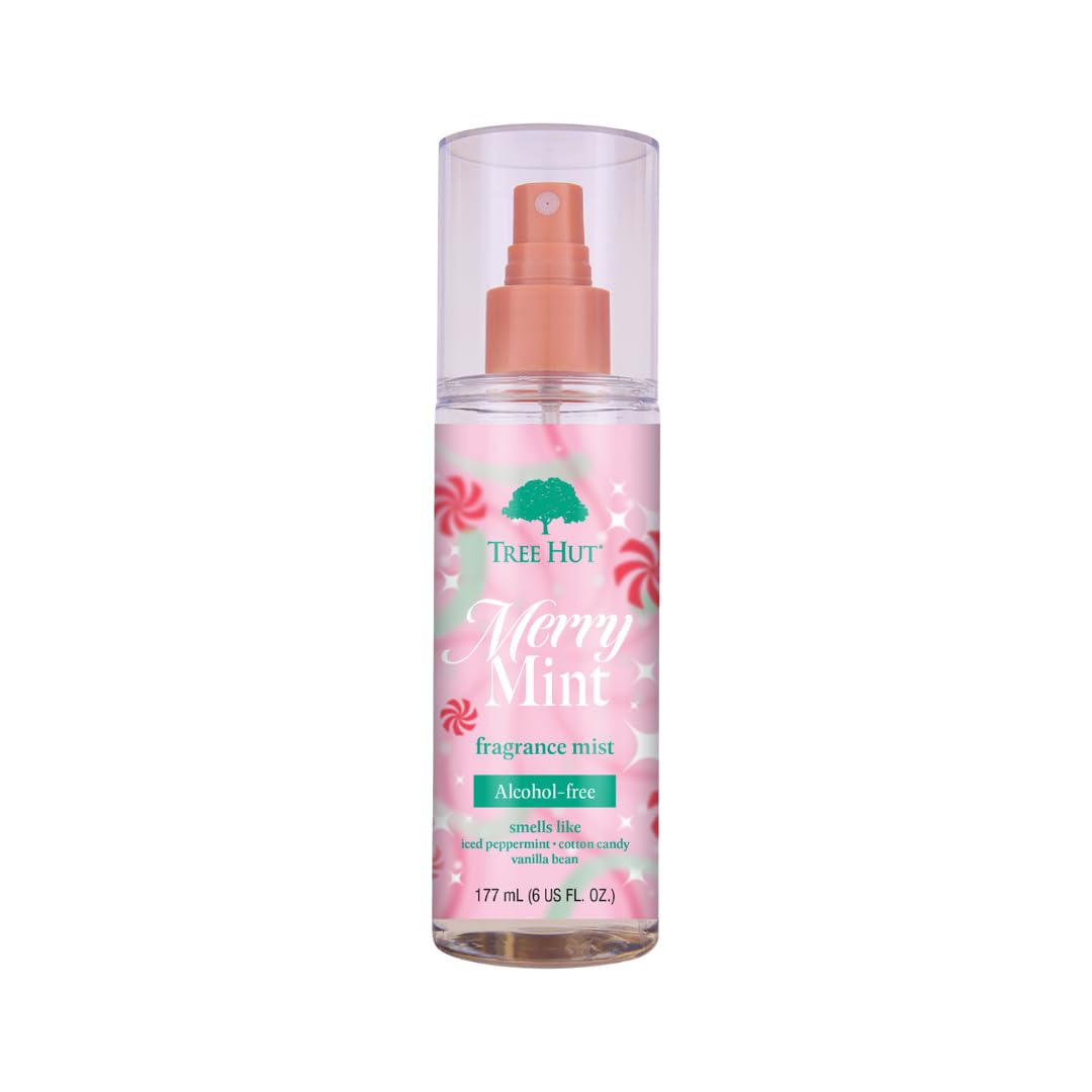 Tree Hut Merry Mint Fragrance Mist bottle ready for daily hydration and a festive vibe.