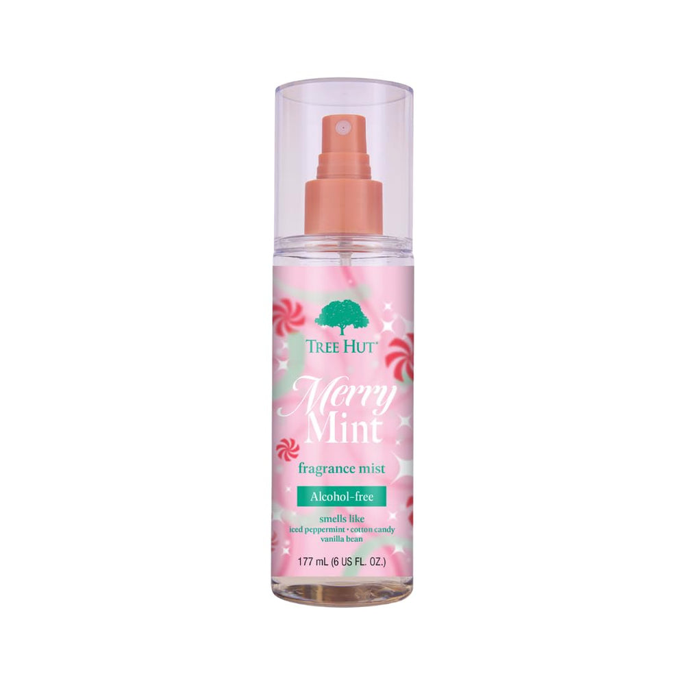 Tree Hut Merry Mint Fragrance Mist bottle ready for daily hydration and a festive vibe.