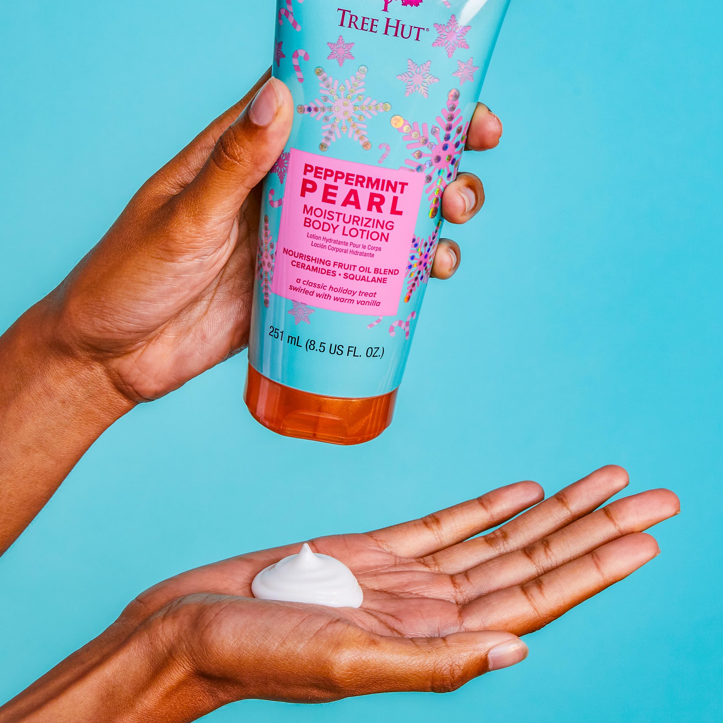Tree Hut Peppermint Pearl Lotion pump in use creating smooth application