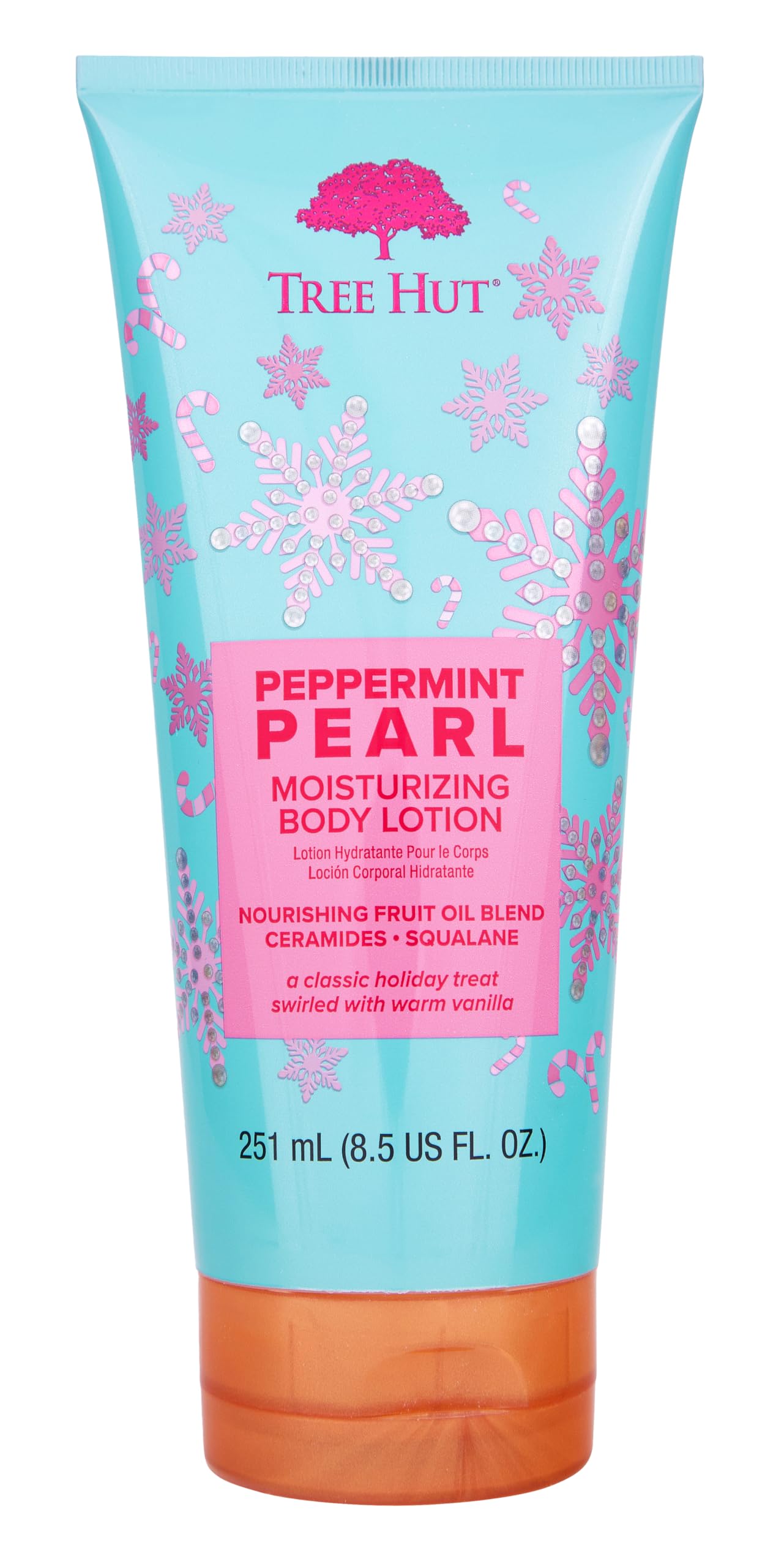 Tree Hut Peppermint Pearl Lotion bottle on holiday display for daily hydration
