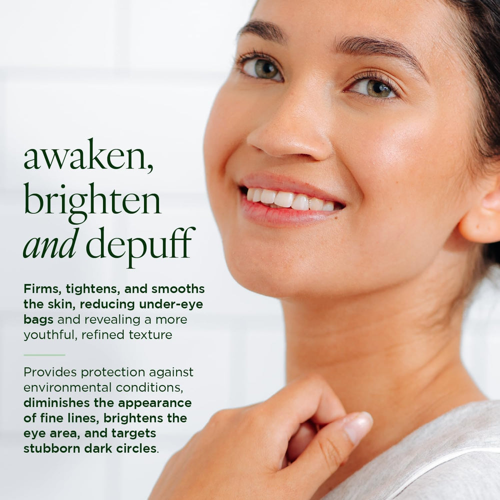 Tree of Life Beauty caffeine eye serum tube demonstrating puffiness reduction and brighter under-eye area
