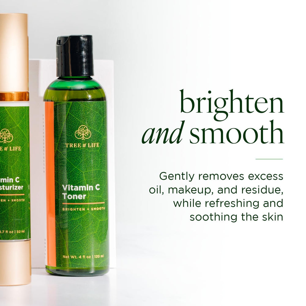 Tree of Life Beauty Vitamin C Toner label closeup, highlighting natural ingredients and dermatologist-tested quality