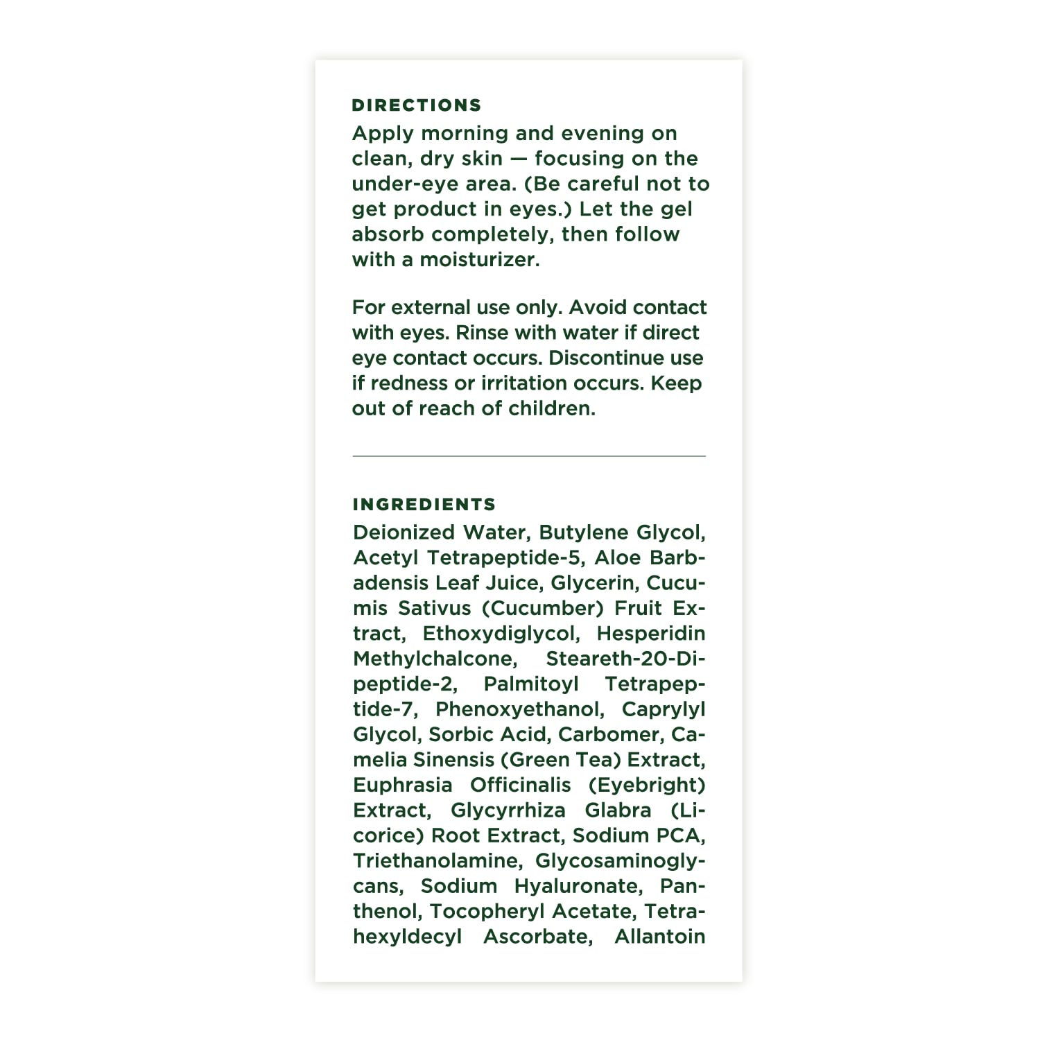 Tree of Life Beauty vitamin C eye gel ingredients include organic aloe and cucumber