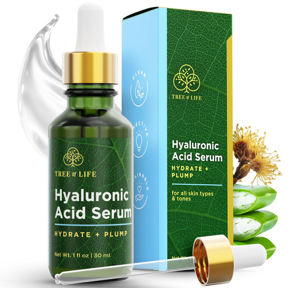 Tree of Life Hyaluronic Serum bottle pour for easy hydration on skin.