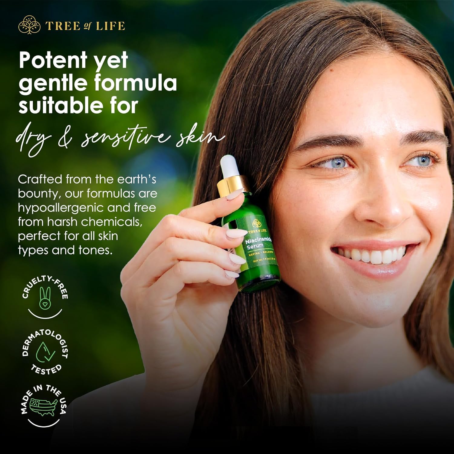 Application scene with fingertips applying Tree of Life Niacinamide Serum on sensitive skin.