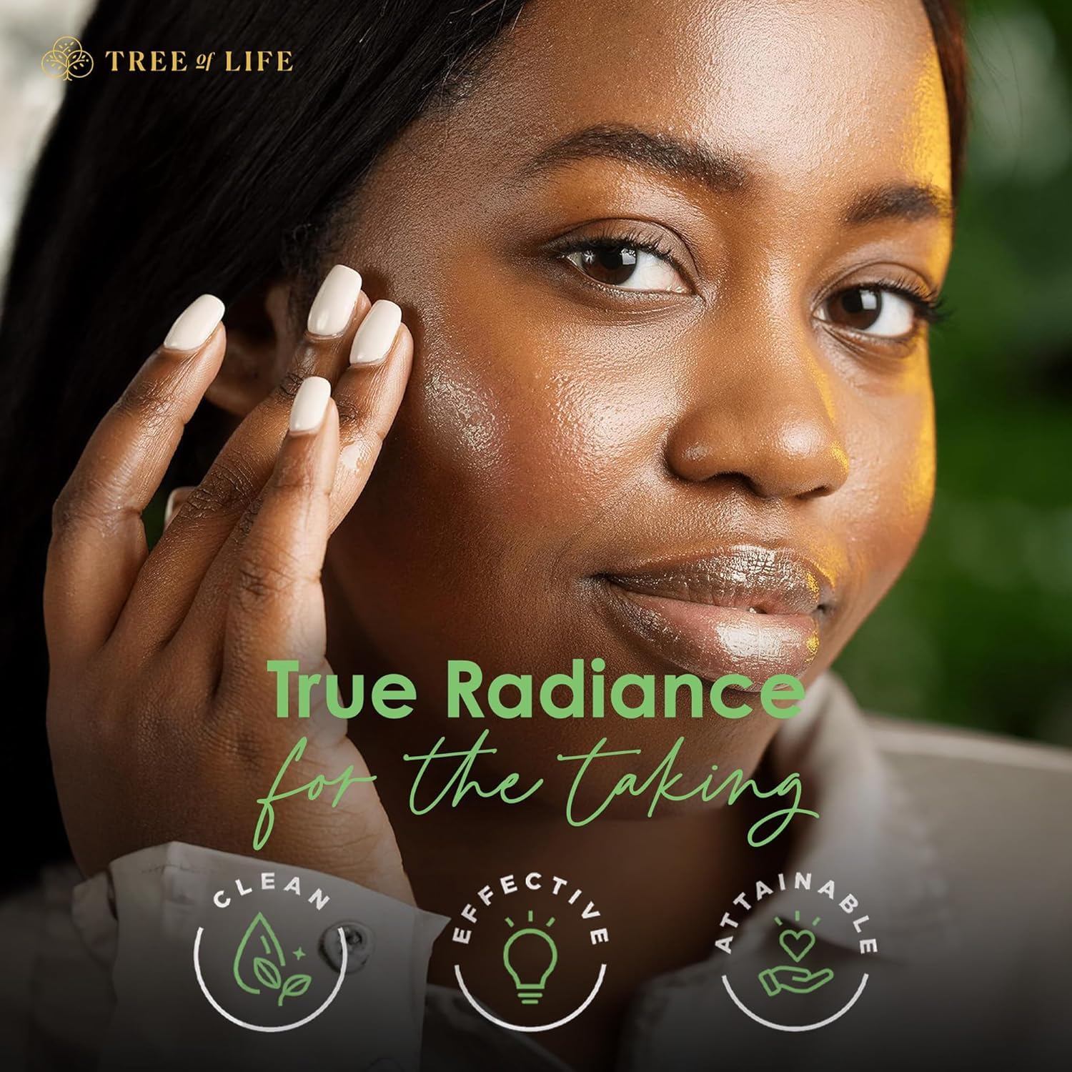 After-application look shows balanced tone and radiant skin with Tree of Life serum.