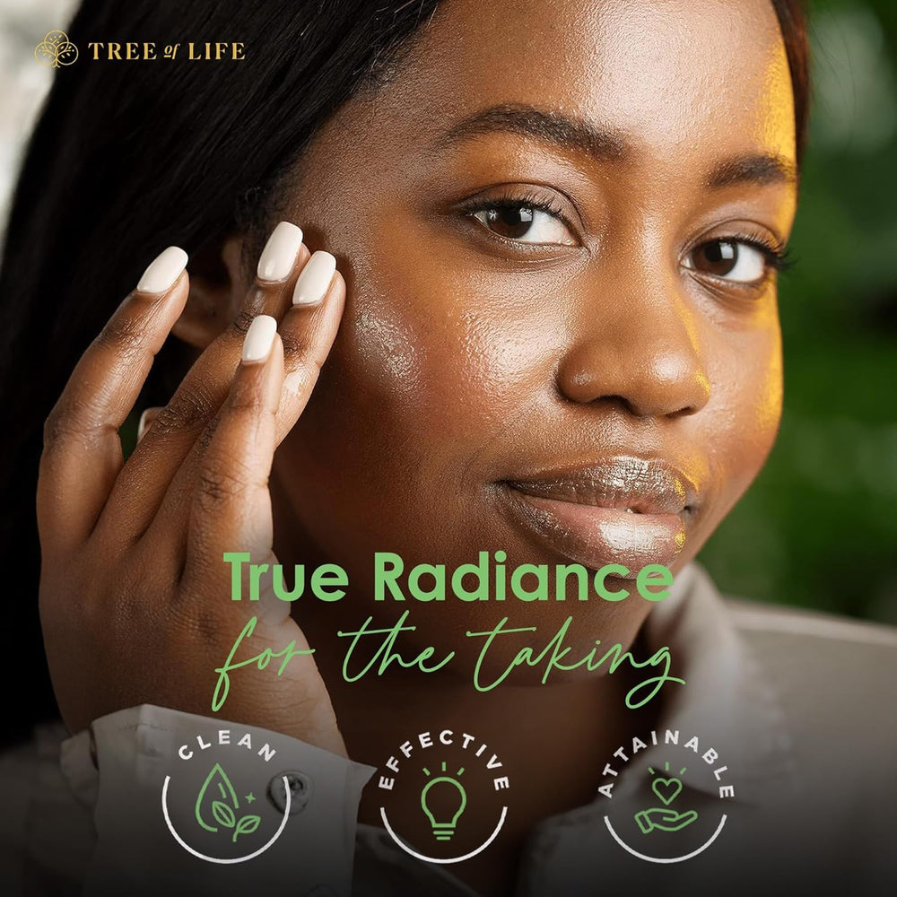 After-application look shows balanced tone and radiant skin with Tree of Life serum.