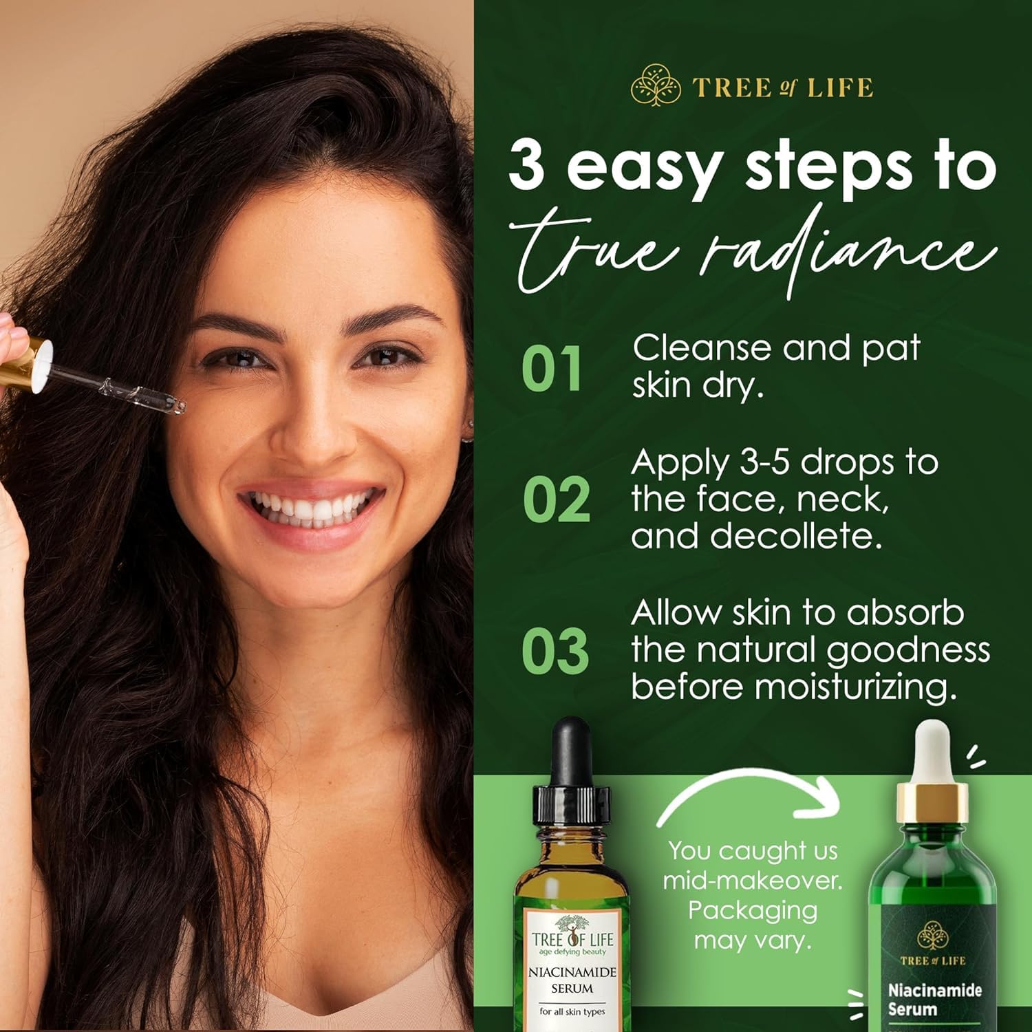Eco-conscious packaging of Tree of Life Niacinamide Serum signals organic Aloe content.