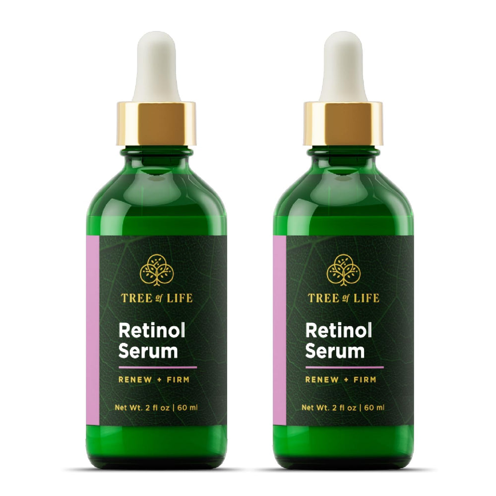 Tree of Life retinol serum bottle highlighting a skin-smoothing formula.