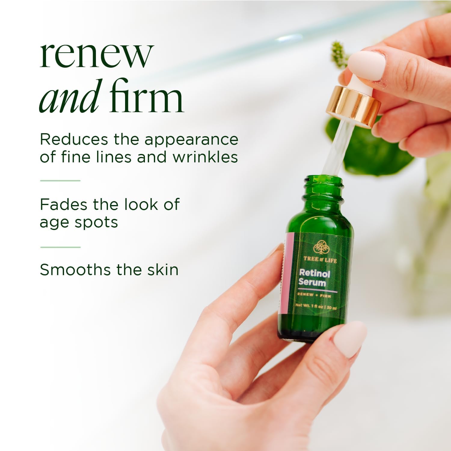 Tree of Life retinol serum drops being dispensed for quick application.