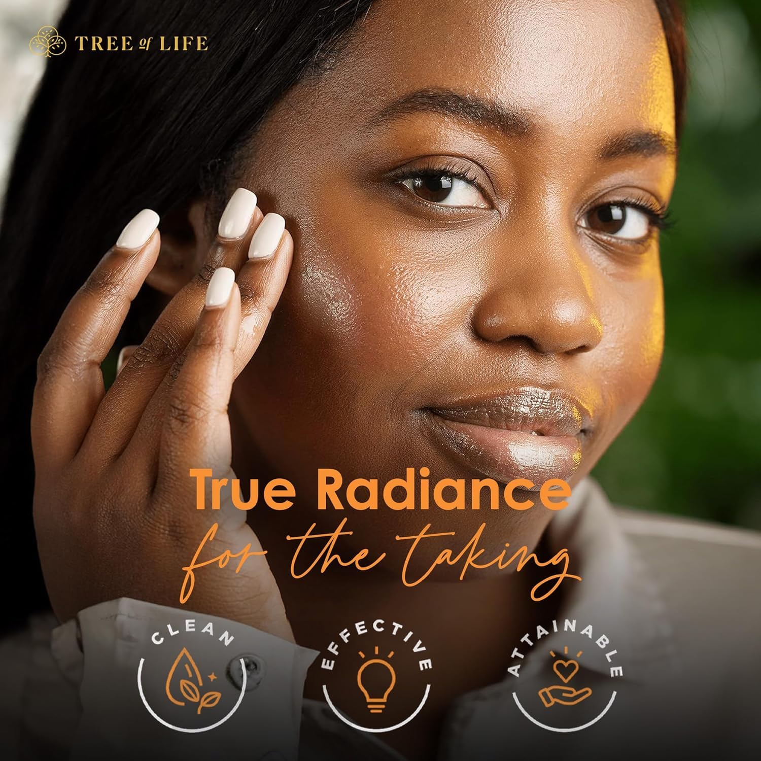 Tree of Life serum application on face suggests smoother, hydrated skin.