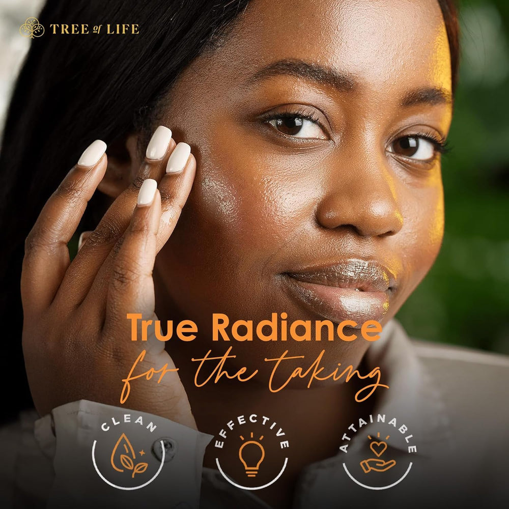 Tree of Life serum application on face suggests smoother, hydrated skin.