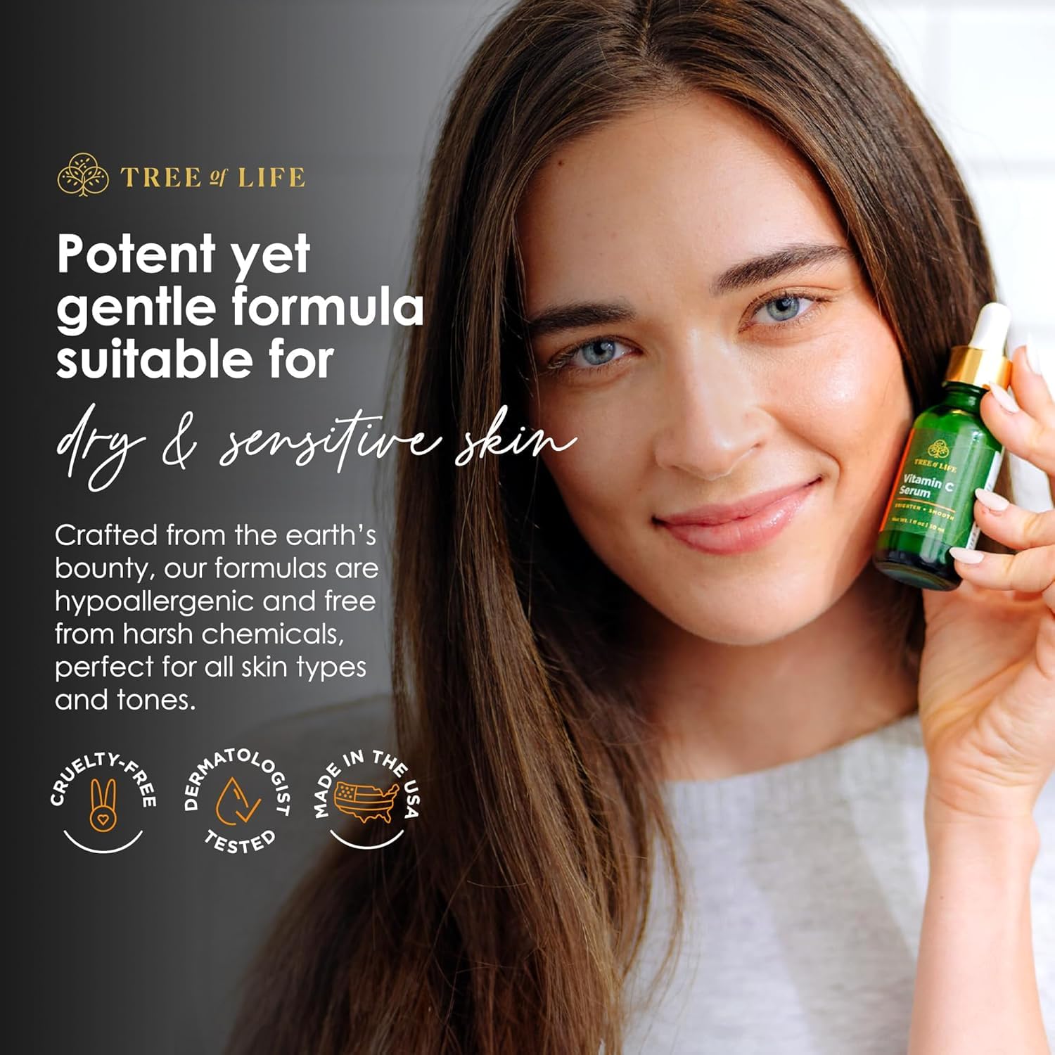 Tree of Life vitamin E nourishing oil bottle emphasizing soothing moisture for dry skin.
