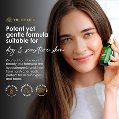 Tree of Life vitamin E nourishing oil bottle emphasizing soothing moisture for dry skin.