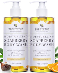 Tree to Tub Citrus Body Wash bottle highlighting hydrating formula for dry skin