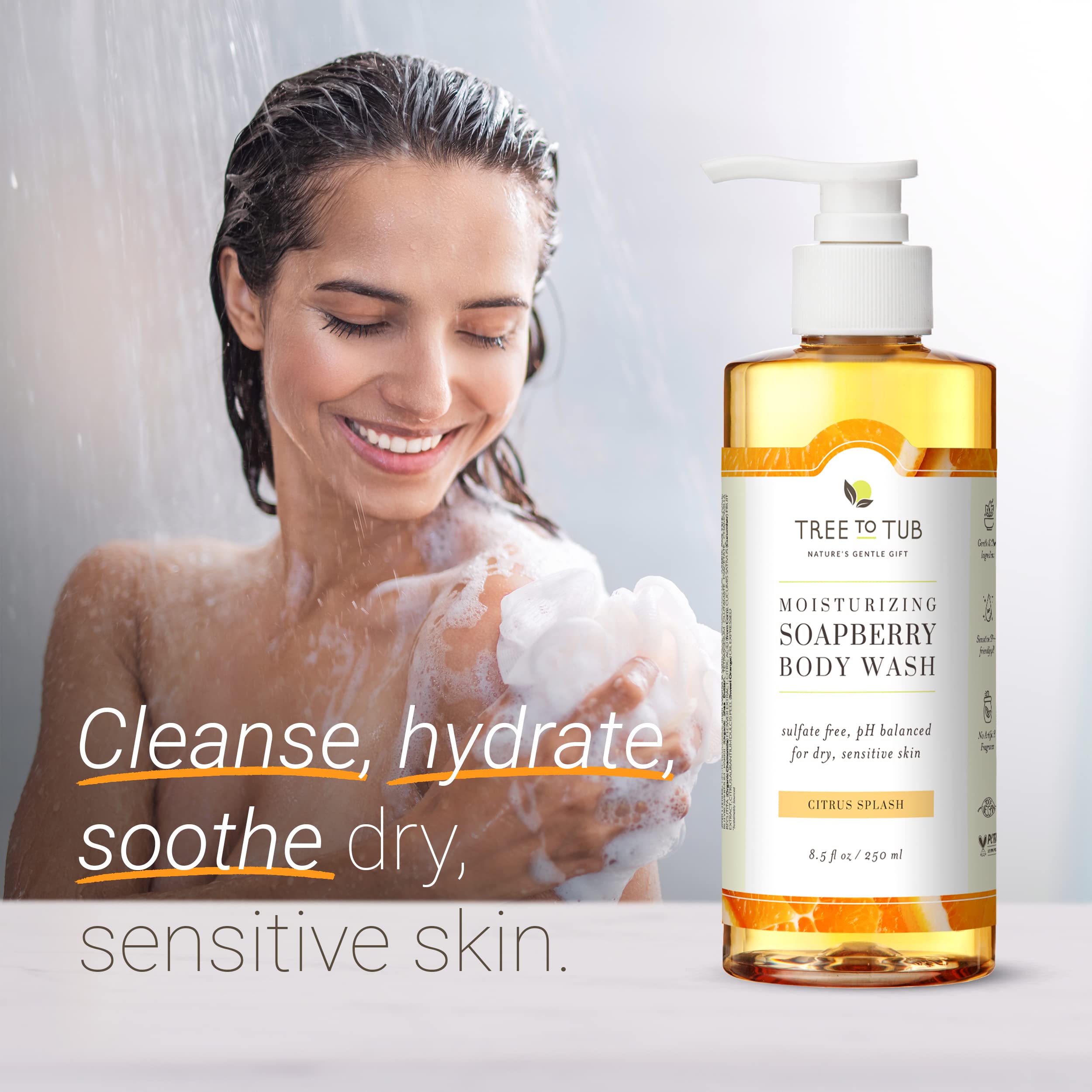 Tree to Tub Citrus Body Wash pour—promising gentle lather for sensitive skin