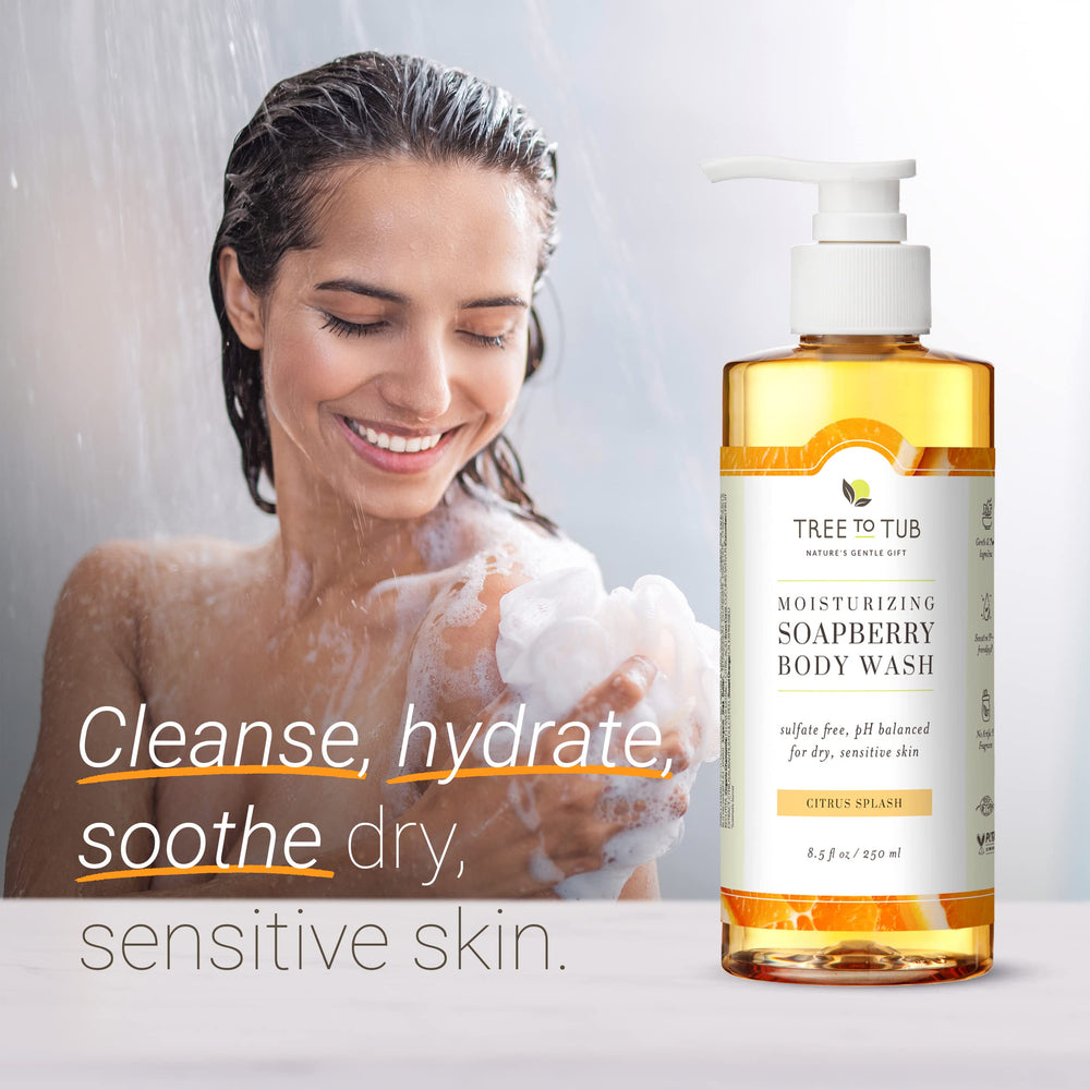 Tree to Tub Citrus Body Wash pour—promising gentle lather for sensitive skin