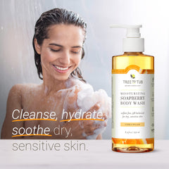 Tree to Tub Citrus Body Wash pour—promising gentle lather for sensitive skin
