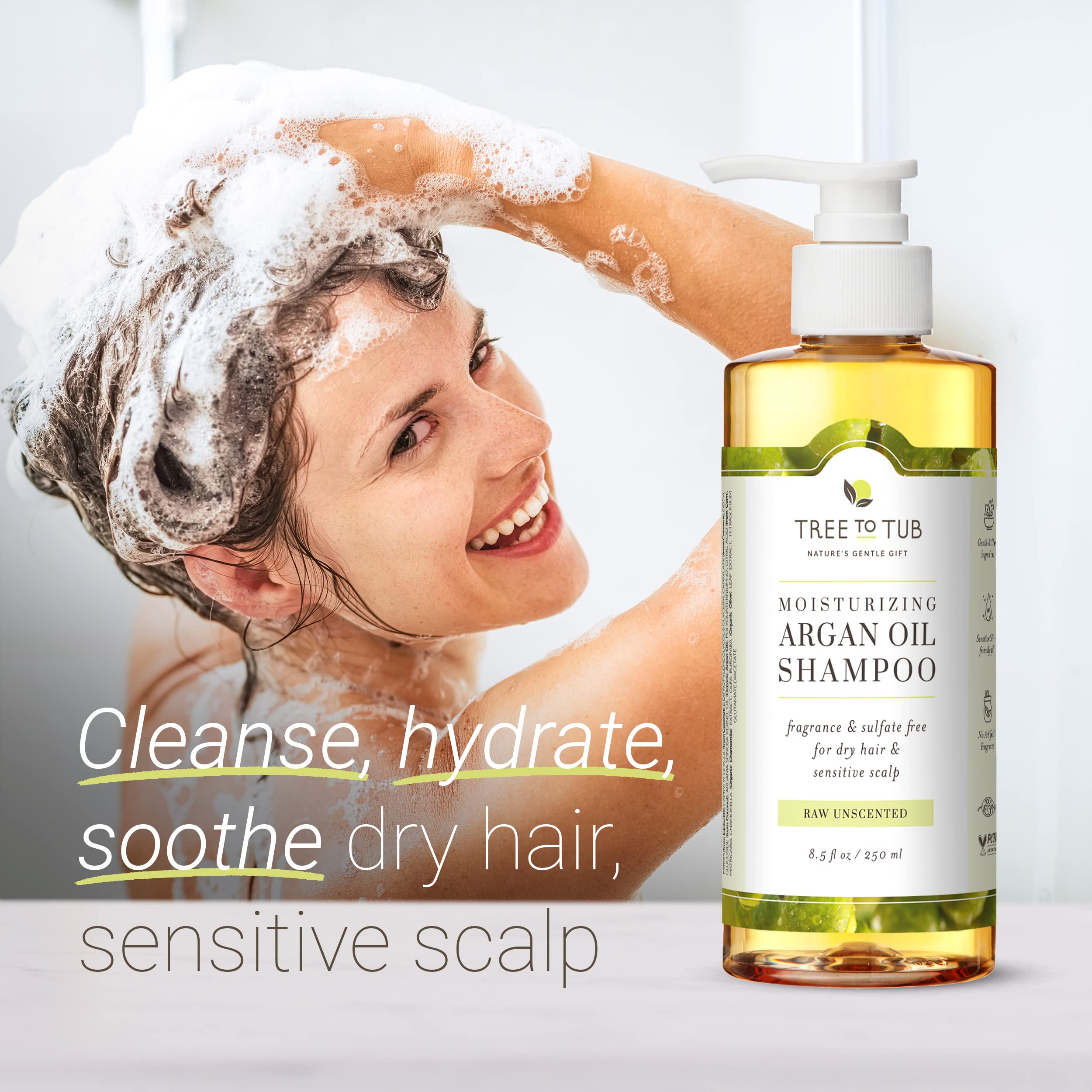 Tree to Tub fragrance-free shampoo ingredients soapberry highlight gentle botanical hydration.