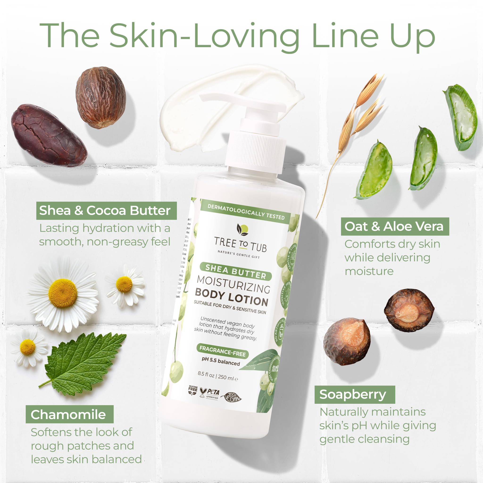 Shea butter and aloe nourish skin with gentle, soothing care.