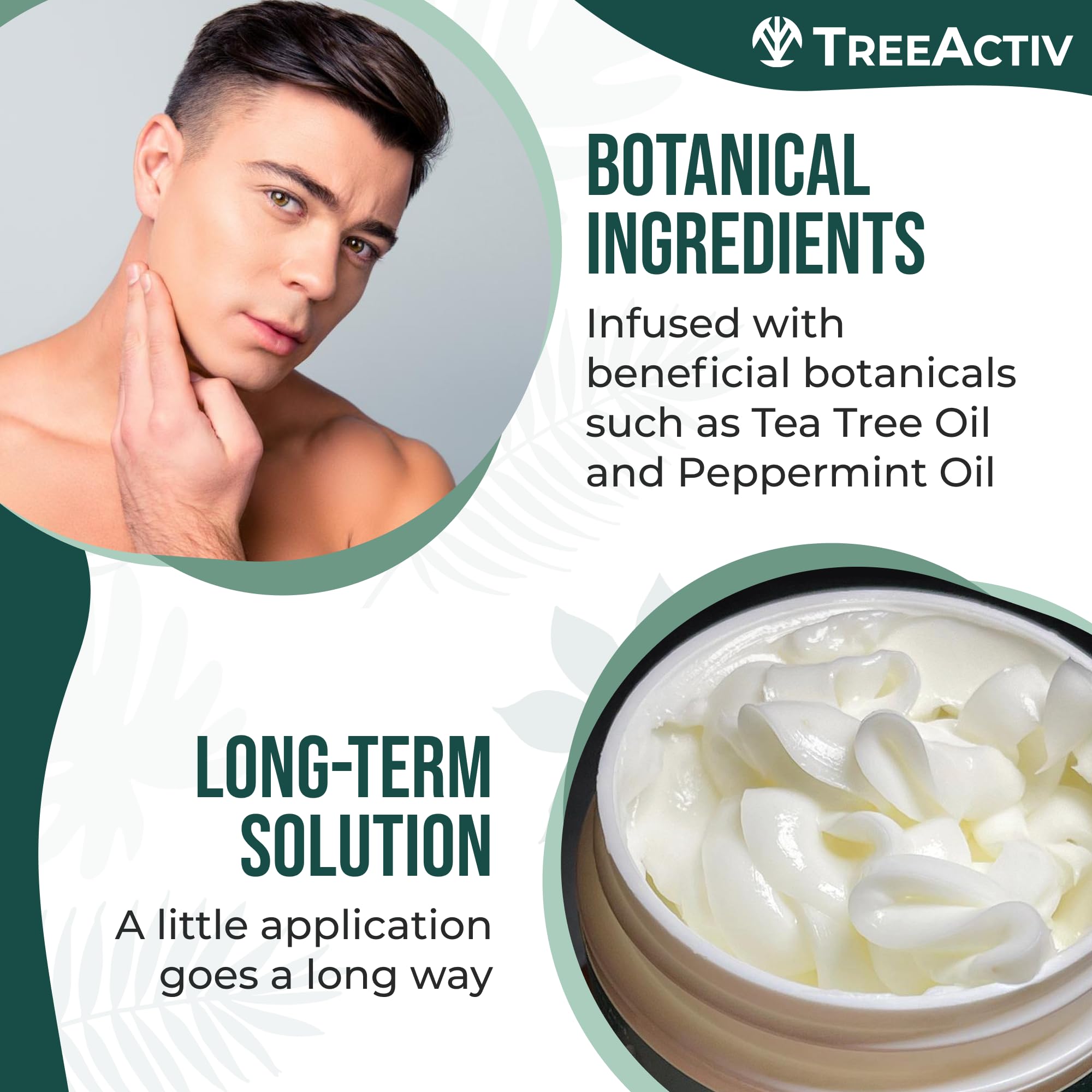 TreeActiv Acne Eliminating Face Cream application massage demonstrates neck and face use.
