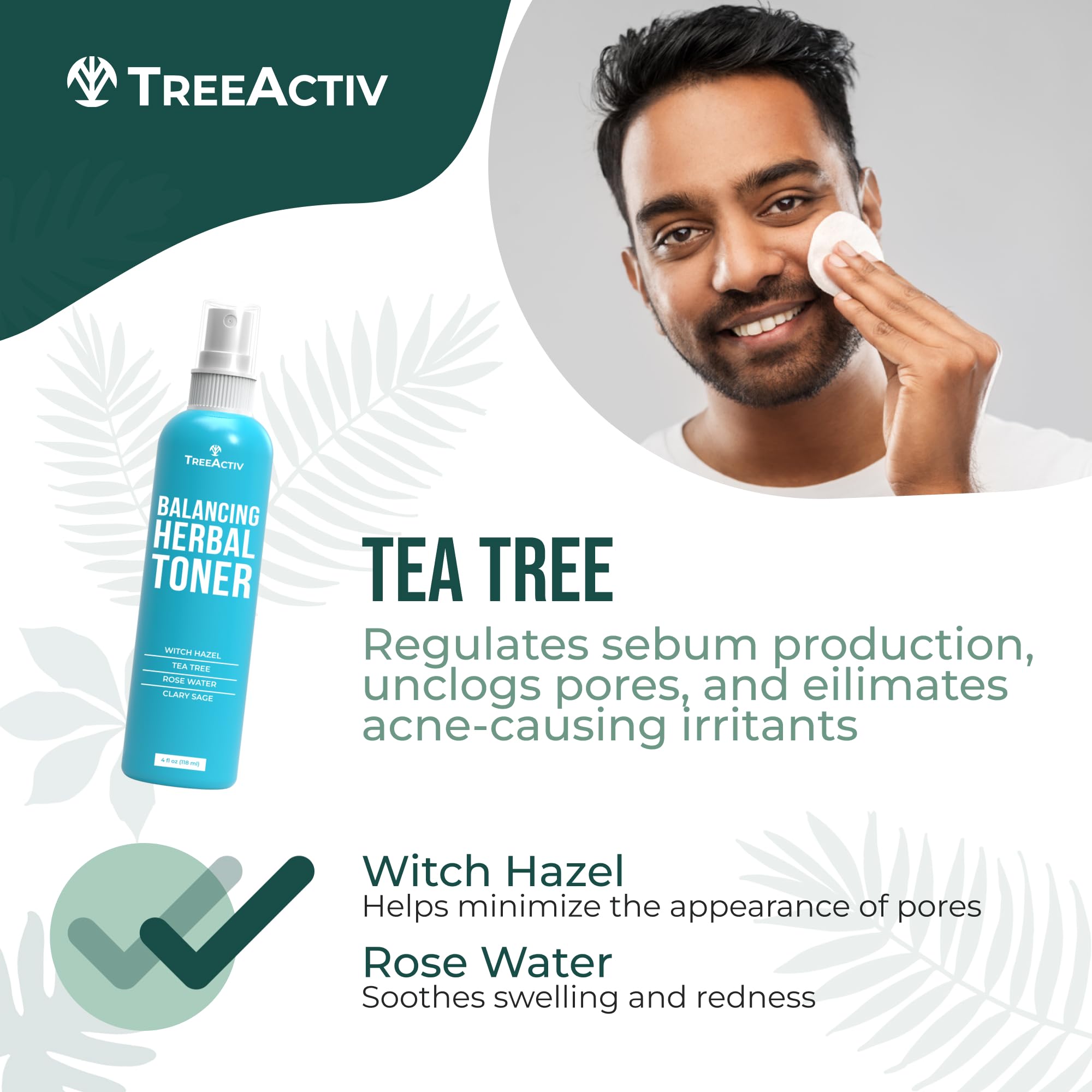 TreeActiv Balancing Herbal Toner label-packaging highlights alcohol-free formula for sensitive skin.