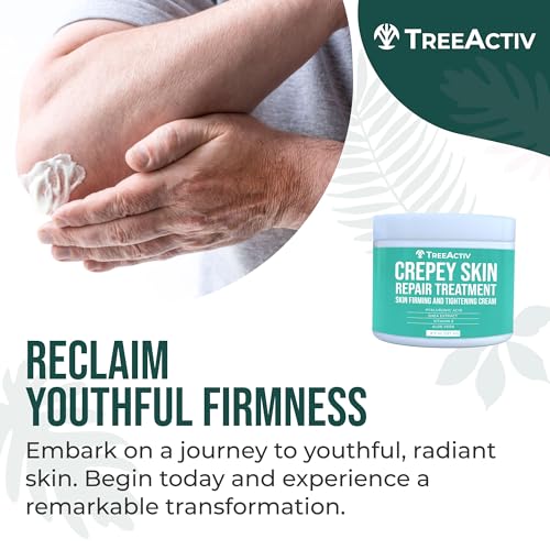 TreeActiv Crepey-Skin Repair Cream with glycolic acid close-up for texture refinement benefits.