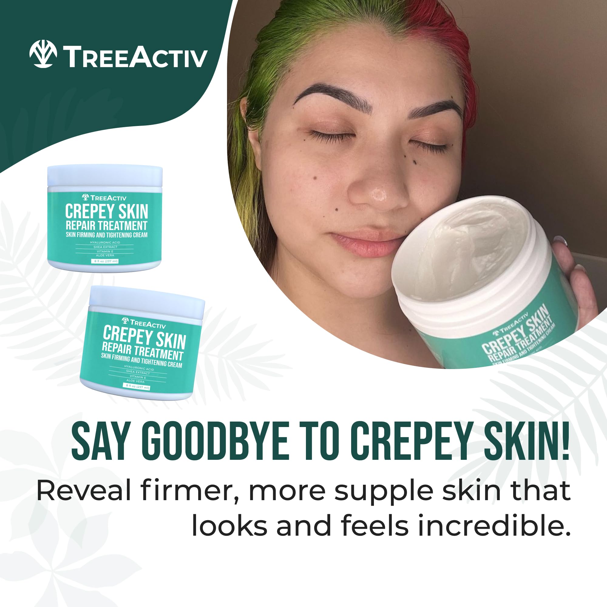 TreeActiv Crepey-Skin Repair Cream hyaluronic acid bottle focus emphasizes deep hydration.