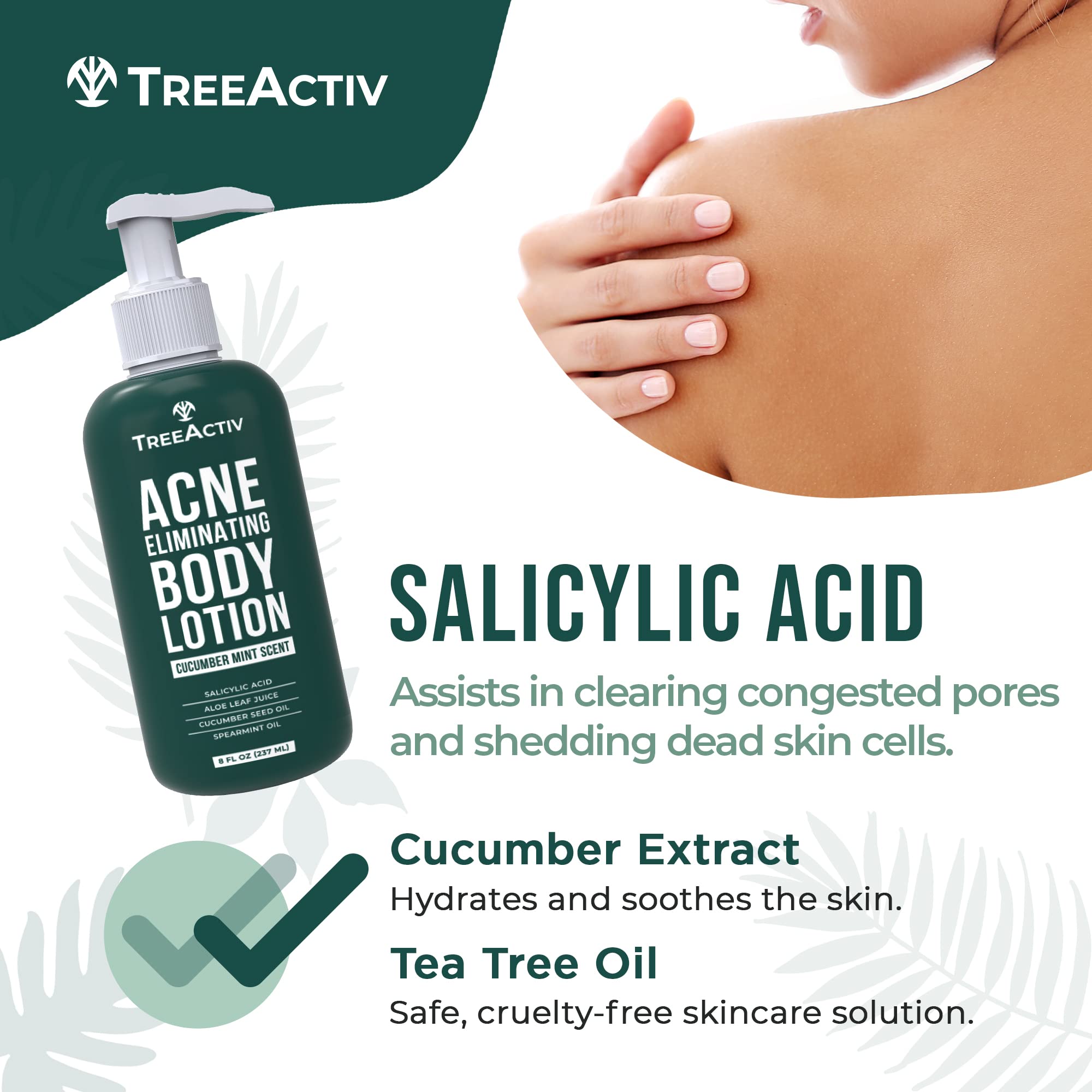 TreeActiv tea-tree oil ingredient label closeup emphasizing acne-prone skin benefits.
