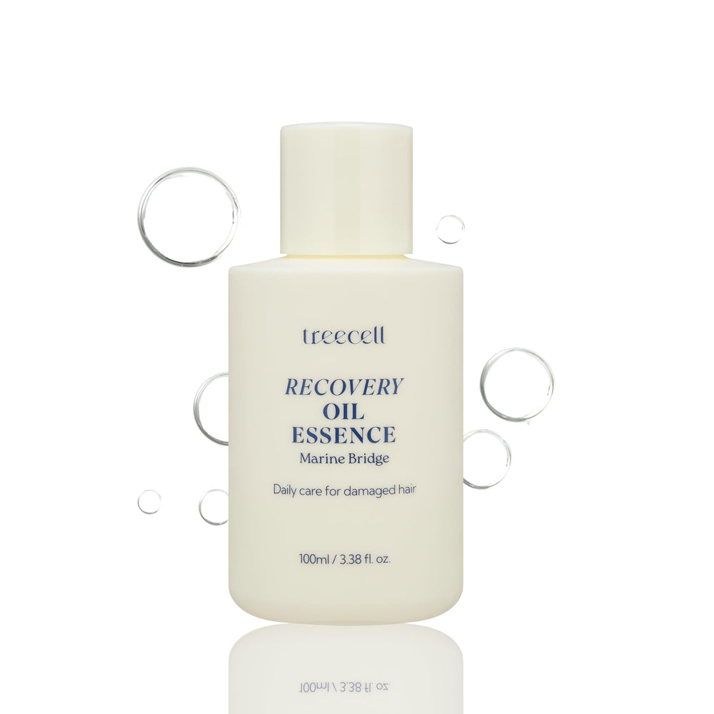 Treecell Recovery Oil Essence bottle close-up showing nourishing protection for hair.