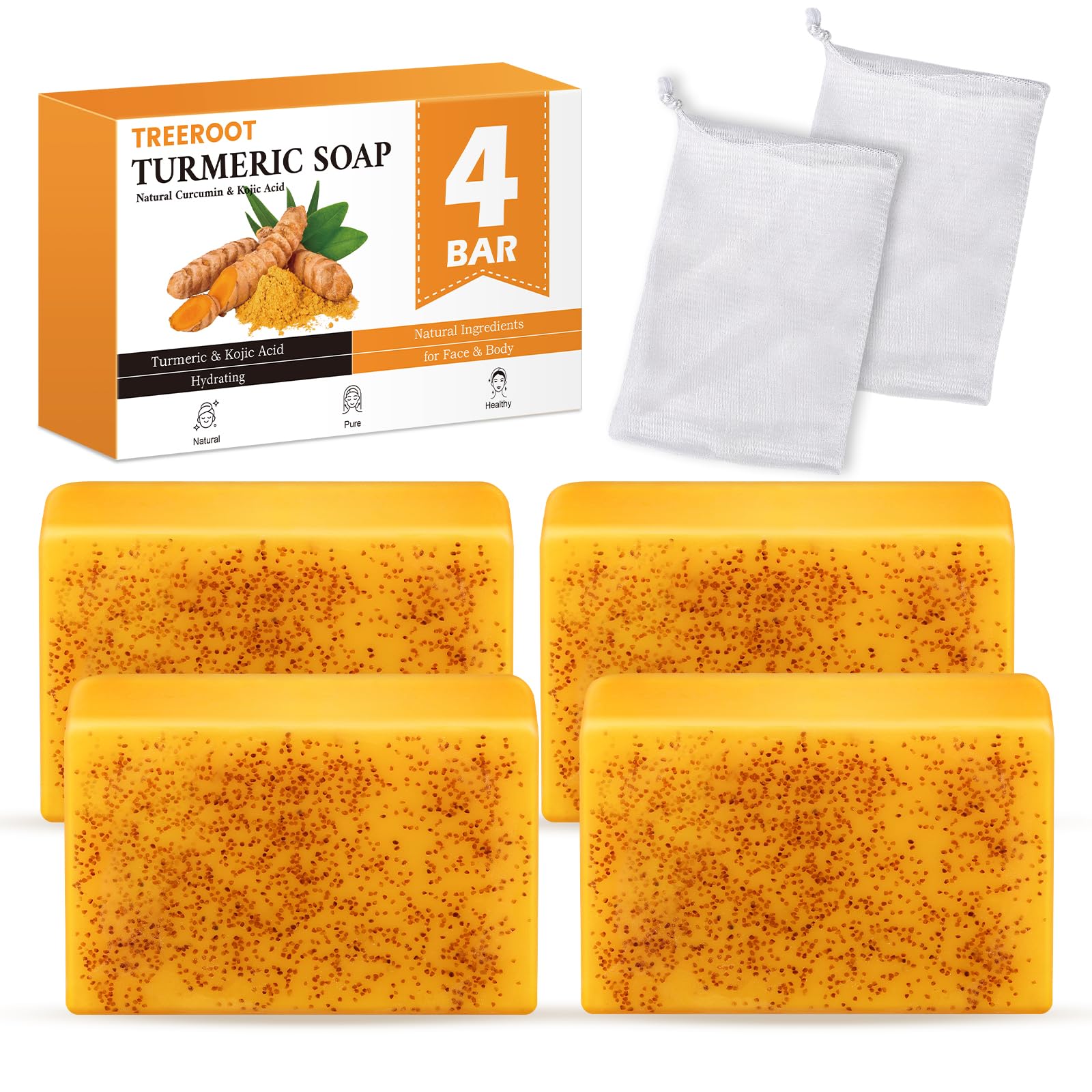 Treeroot Turmeric Soap 4 Pack displayed in compact packaging for daily cleansing.
