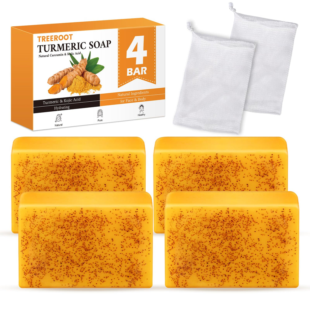 Treeroot Turmeric Soap 4 Pack displayed in compact packaging for daily cleansing.