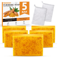 Treeroot turmeric soap bar on unwrap, highlighting natural turmeric and kojic acid.