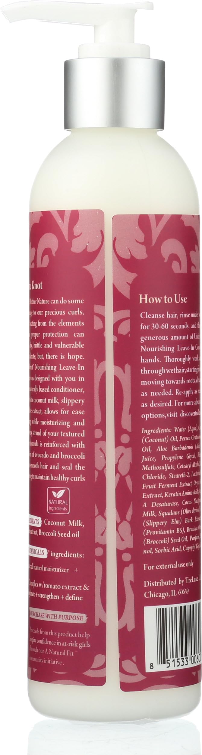 Treluxe Untie The Knot bottle back label with usage tips
