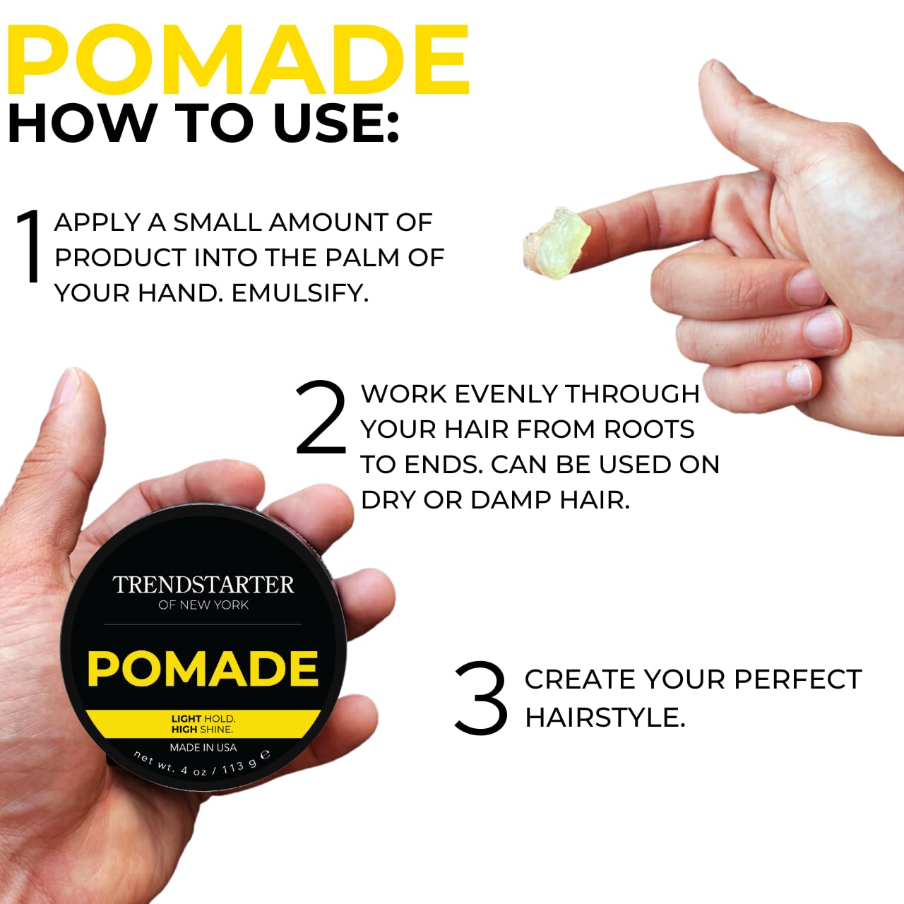 TRENDSTARTER Classic Pomade on hair, achieving a wet-look finish.